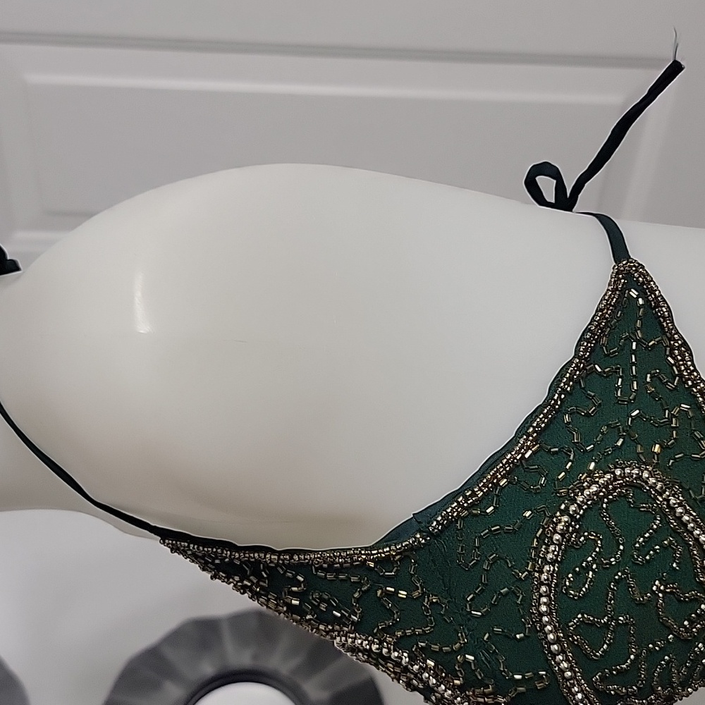Gypsy Green and Gold Beaded Butterfly Halter 3 Tie Women's Top Size Small - Picture 11 of 11